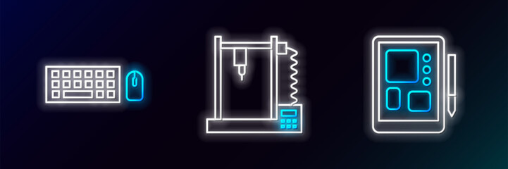 Poster - Set line Graphic tablet, Keyboard and mouse and 3D printer icon. Glowing neon. Vector