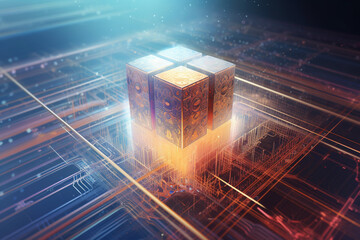 Fototapete - Quantum computer, with qubits changing state, achieving quantum supremacy. Conceptual illustration. Generative AI
