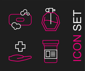 Sticker - Set line Medicine bottle, Cross hospital medical, Perfume and Bar of soap icon. Vector