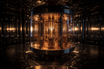 Fototapete - Quantum computer, with qubits changing state, achieving quantum supremacy. Conceptual illustration. Generative AI