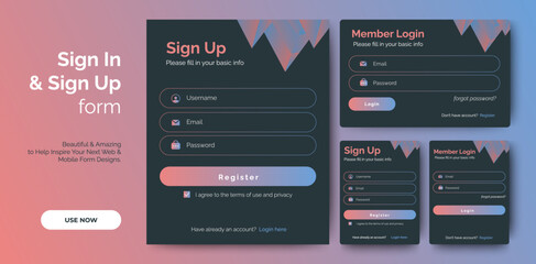 Poster - set of sign up and sign in forms. dark concept. mobile registration and login forms page. profession