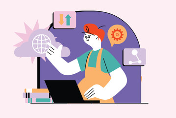 Aufkleber - Cloud service waist high concept with people scene in the flat cartoon style. Technician uploads data and important information to the cloud storage. Vector illustration.
