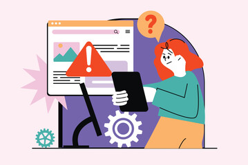 Aufkleber - Error waist-high concept with people scene in the flat cartoon design. Technical specialist tries to fix some errors on the laptop. Vector illustration.