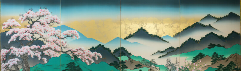 Wall Mural - cherry blossoms and misty moutains in vintage japanese painting style. lacquer painting on gold foil