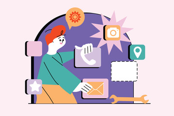 Poster - App development waist high concept with people scene in the flat cartoon design. Developer selects pictures and photos for new mobile applications. Vector illustration.