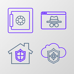 Poster - Set line Cloud and shield, House under protection, Browser incognito window and Safe icon. Vector