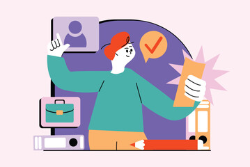 Poster - HR manager waist high concept with people scene in the flat cartoon design. Manager reviews the resumes of various candidates for the position of an employee of the company. Vector illustration.