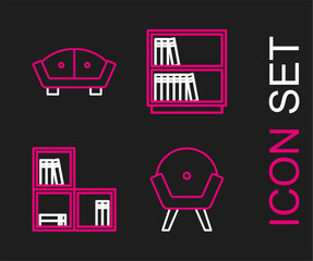 Sticker - Set line Armchair, Shelf with books, Library bookshelf and Sofa icon. Vector