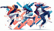 Illustration Of Hype Beast Breakdancers, Vector. Grunge Designs Style. Splash. Pastel Colors Combination. AI Generated
