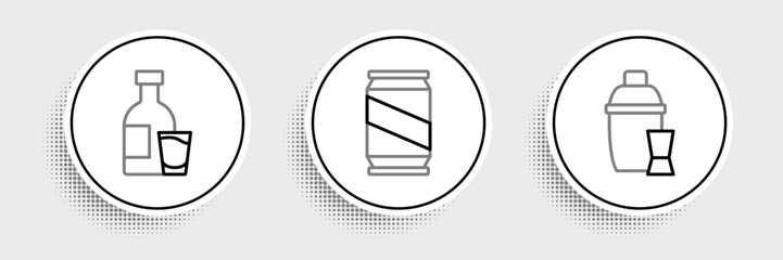 Set line Cocktail shaker, Bottle of vodka with glass and Beer can icon. Vector