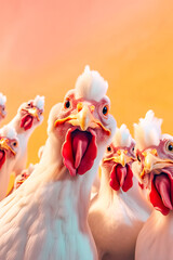 Wall Mural - Funny animal fun portrait of crazy chickens, selfie on pastel background. Fun and crazy party of farm animals. Illustration, Generative AI.