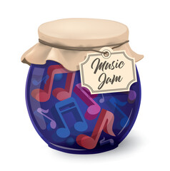 Music jam, jam session, Funny vintage concept.
Illustration of blue jam glass jar with music notes 3d symbols and label with text Music Jam. Vector available.