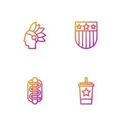 Sticker - Set line Paper glass with straw, Hotdog sandwich, Native American Indian and Shield stars. Gradient color icons. Vector