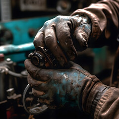 Gloved hands of a working man using a tool. Generative ai