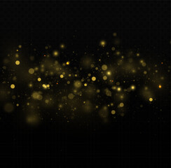 Golden dust light png. Christmas glowing bokeh confetti and sparkle overlay texture for your design. Yellow dust, sparks, stars shine with a special lights. Gold particles abstract vector background.