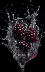 Two blackberries submerged in crystal-clear water, with dynamic splashes capturing the essence of purity and vitality against a stark black background.