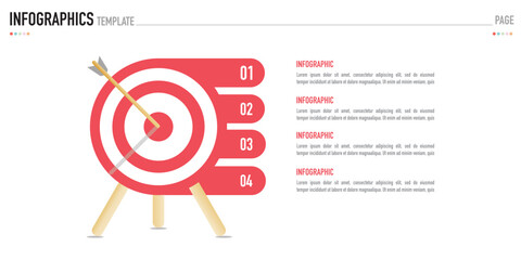 Infographic target template or element is red and arrow, including 4 step, process, option, on white background for business slide or presentation, simple, minimal, modern style, as a vector, sale