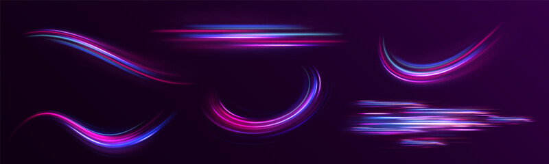 Dynamic composition of bright lines forming lights path of speed movement, futuristic dark background, graphic design element