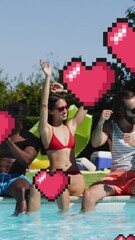 Aufkleber - Animation of hearts over happy diverse friends at pool party