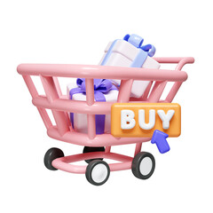 Poster - 3D gift box in shopping cart with buy button. shopping online concept. order online. icon isolated on white background. 3d rendering illustration. Clipping path.
