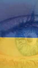 Canvas Print - Animation of flag of ukraine waving over open eye of caucasisan woman