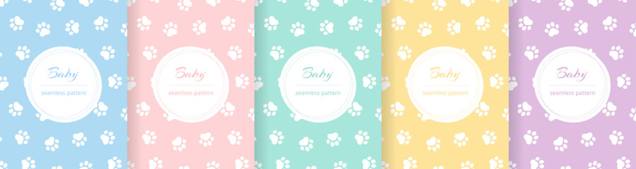 Poster - Cute baby seamless pattern. Repeating kid pattern. Girls and boys prints design. Repeated pastel paw wallpaper. Repeat child background. Soft blue, pink, yellow, green color. Vector illustration