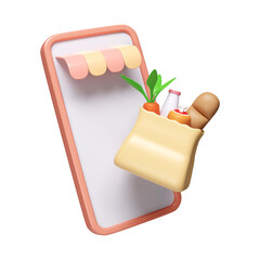 Poster - 3d mobile phone with food bag . order food online. food delivery. icon isolated on white background. 3d rendering illustration. Clipping path.