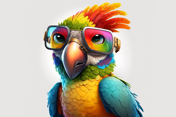 Cartoon colorful parrot with sunglasses on white background. Generative ai