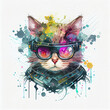Cyber cat watercolor portrait of trendy feline hacker in vr gaming goggles for immersive gaming experience. Cool cat in sports chic glasses exudes a futuristic vibe with paint splashes and stains