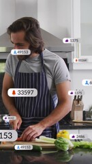 Aufkleber - Animation of media icons over caucasian man cooking