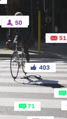 Poster - Animation of media icons over senior african american man cycling