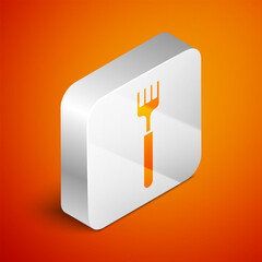 Sticker - Isometric Fork icon isolated on orange background. Cutlery symbol. Silver square button. Vector Illustration