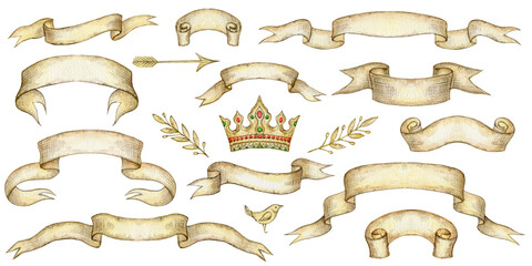 watercolor set of banners and ribbons in vintage style isolated on a white background. design for po