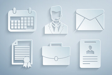 Poster - set briefcase, envelope, certificate template, identification badge, man with headset and calendar i