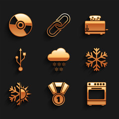 Sticker - Set Cloud with snow, Medal, Oven, Snowflake, Sun and snowflake and USB icon. Vector