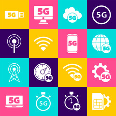 Sticker - Set Sim card setting, Setting 5G network, Cloud, Wi-Fi wireless, Antenna, modem and Mobile with icon. Vector