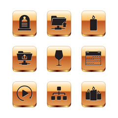 Poster - Set Tombstone with RIP written, Video play button, Hierarchy organogram chart, Wine glass, FTP folder upload and Burning candle icon. Vector