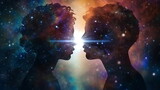 Fototapeta Kosmos - man and woman silhouette on front starry sky cosmic nebula universe esoteric  background concept