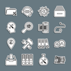 Sticker - Set line Office folders, Question and Answer, Route location, Bacteria, Microorganisms under magnifier, Human head service, Folder and Smartphone book icon. Vector