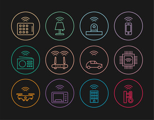 Poster - set line smart thermometer, processor with microcircuits cpu, security camera, router and wi-fi sign