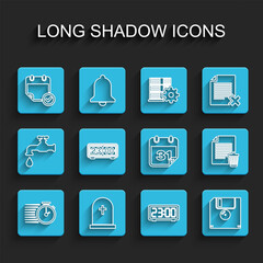 Poster - set line stopwatch, tombstone with cross, calendar check mark, digital alarm clock, floppy disk, ret