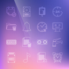 Poster - Set line Alarm clock, Water tap, Dead monitor, IV bag, Ringing bell, Delete folder, Calendar with check mark and Clock 24 hours icon. Vector
