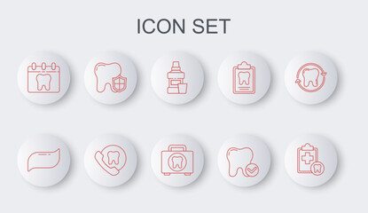 Sticker - Set line Dental card, Toothpaste, Mouthwash bottle, whitening concept, Calendar with tooth, protection, Online dental care and First aid kit icon. Vector