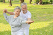 © feeling lucky - Asian senior couple practice yoga excercise, tai chi tranining, stretching and meditation together with relaxation for healthy in park outdoor after retirement. Happy elderly outdoor lifestyle concept