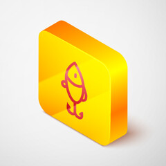 Poster - Isometric line Fishing lure icon isolated on grey background. Fishing tackle. Yellow square button. Vector