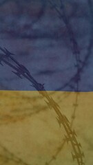 Poster - Animation of flag of ukraine over field and barbed wire
