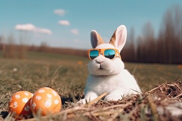 A cute white bunny wearing sunglass and sitting with two colorful Easter eggs. A stylish bunny rabbit sitting in a meadow, on a sunny day. Easter bunny with easter eggs and sunglass. Generative AI.