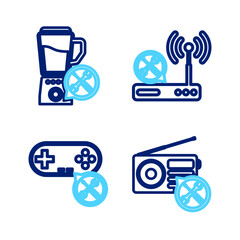 Sticker - Set line Radio service, Gamepad, Router wi-fi and Blender icon. Vector