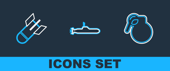 Poster - Set line Hand grenade, Aviation bomb and Submarine icon. Vector