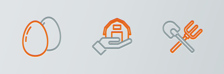 Sticker - Set line Shovel and rake, Chicken egg and Farm house in hand icon. Vector